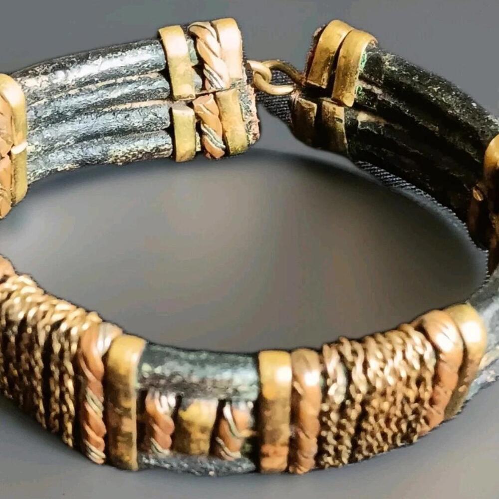 Dark Leather Hand Crafted Bracelet With Brass And Copper Accents